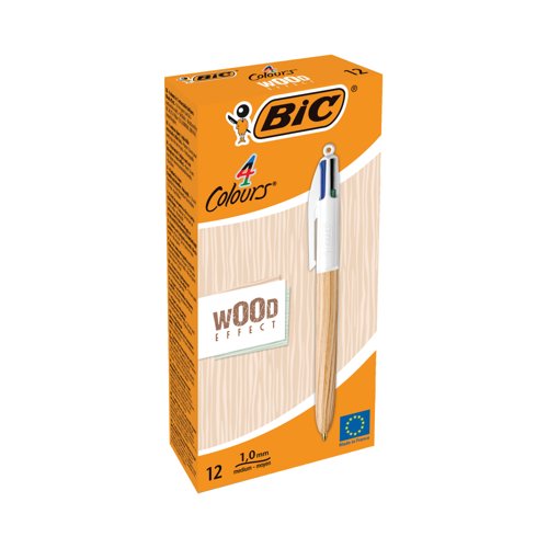 Bic 4 Colour Ballpoint Pen Wood Effect Barrel Pack of 12 3086123704213