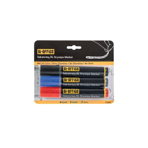 Bi-Office Inkstring XL Drywipe Marker Assorted Colours (Pack of 3) PE4004 Drywipe Markers BQ29989