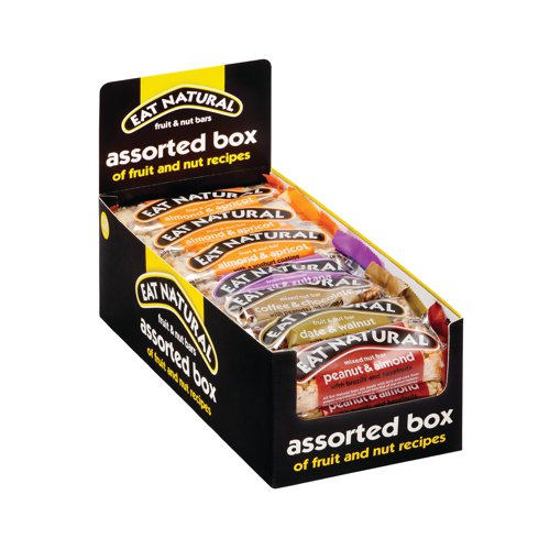 Eat Natural Fruit and Nut Bars are supplied in a range of assorted flavours. Featuring almond and apricot, fruit and nut, coffee and chocolate, date and walnut as well as peanut and almond. All Eat Natural bars are made with love and care from simple ingredients.