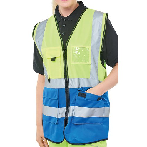 Beeswift High Visibility Two Tone Executive Waistcoat Saturn Yellow/Royal Blue 3XL HVWCTTSYR3XL | Beeswift