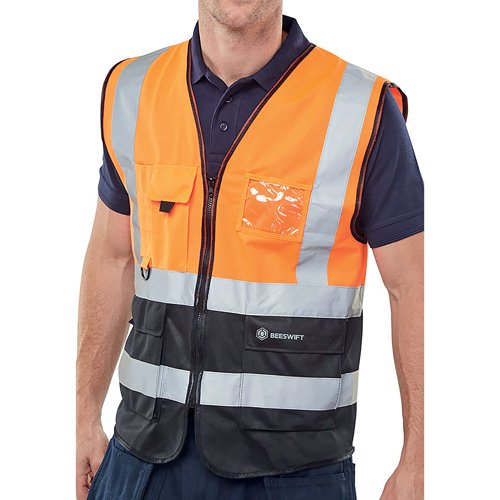 Beeswift High Visibility Two Tone Executive Waistcoat Orange/Black 3XL HVWCTTORBL3XL | Beeswift