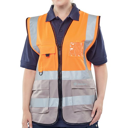 Beeswift High Visibility Two Tone Executive Waistcoat Orange/Grey 3XL HVWCTTORGY3XL | Beeswift