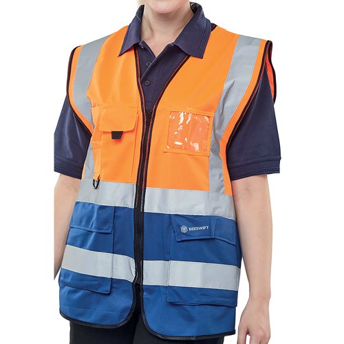 Beeswift High Visibility Two Tone Executive Waistcoat Orange/Navy Blue 3XL HVWCTTORN3XL | Beeswift