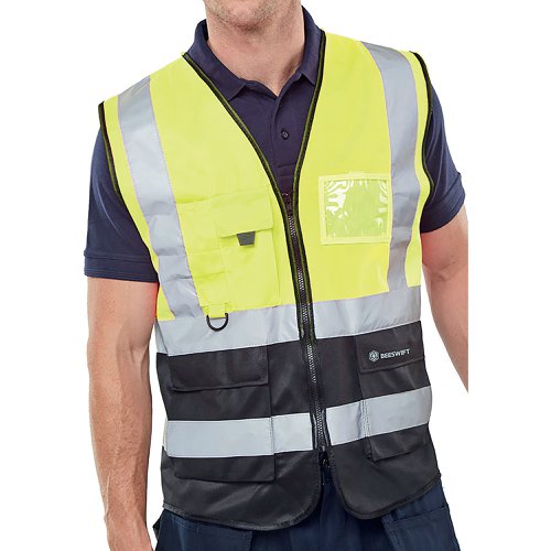 Beeswift High Visibility Two Tone Executive Waistcoat Saturn Yellow/Black M HVWCTTSYBLM | Beeswift