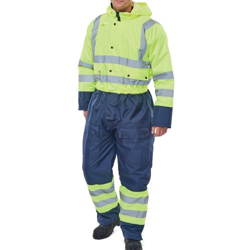 Beeswift Two Tone Hi Visibility Thermal Waterproof Coverall Saturn Yellow/Navy Blue L