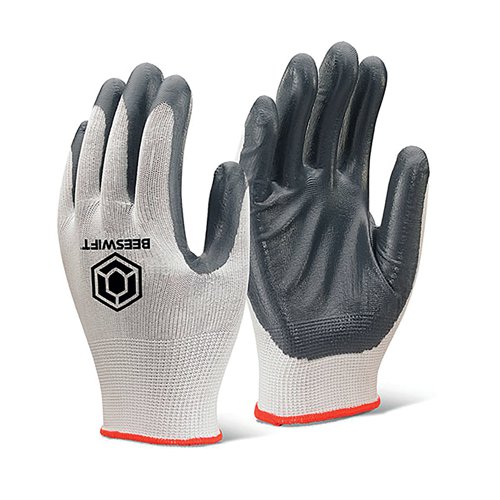 Beeswift Nitrile P/C Polyester Gloves Grey Medium (Pack of 10) EC7NGYM