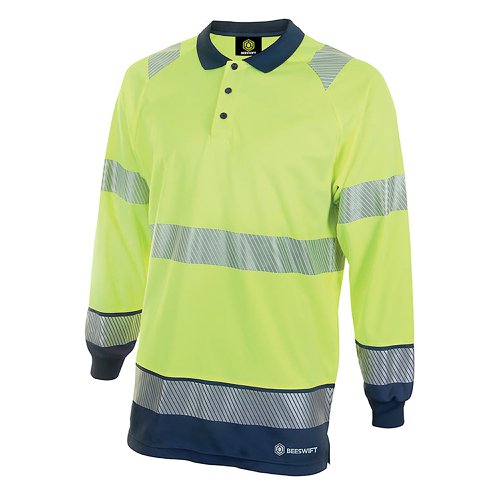 Beeswift High Visibility Two Tone Long Sleeve Polo Shirt Saturn Yellow/Navy Blue 3XL HVTT015SYN3XL | Beeswift