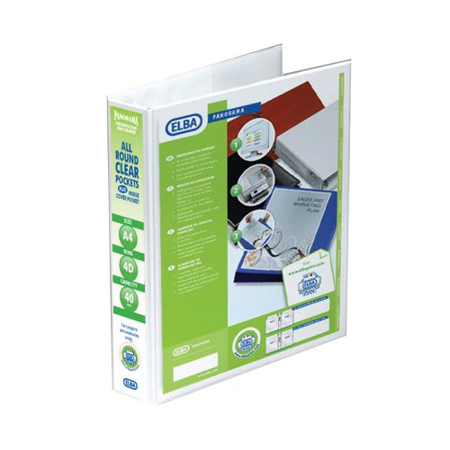 This premium quality Elba Panorama A4 presentation ring binder features clear pockets on the front, back and spine for complete personalisation. Made from hard wearing polypropylene covered board, this 40mm (400 sheet) capacity binder features a 4 D-ring mechanism and is ideal for professional reports, presentations, projects and more. This pack contains 10 white ring binders.