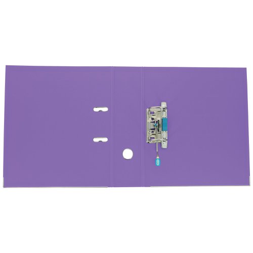 This Elba premium quality plastic A4 file contains a standard lever arch mechanism with a 70mm capacity. The file features a clear slip pocket on the inside front cover for loose sheets and a front cover lock to keep the file securely closed. The file also features durable metal shoes and a thumb hole for easy retrieval from a shelf. This pack contains 1 purple A4 lever arch file.