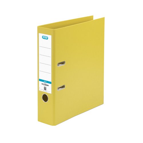 This Elba premium quality plastic A4 file contains a standard lever arch mechanism with a 70mm capacity. The file features a clear slip pocket on the inside front cover for loose sheets and a front cover lock to keep the file securely closed. The file also features durable metal shoes and a thumb hole for easy retrieval from a shelf. This pack contains 1 yellow A4 lever arch file.