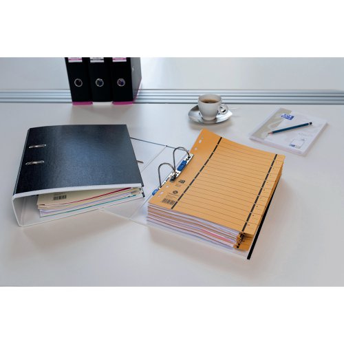 This Oxford MyColour file features a standard lever arch mechanism with an 80mm capacity for filing A4 documents. Made from high quality polypropylene, the file has a reinforced bottom edge for increased durability and features a transparent spine label pocket and thumb hole for easy retrieval from a shelf. This black lever arch file has a white stripe along the bottom edge for colour coordinated filing.