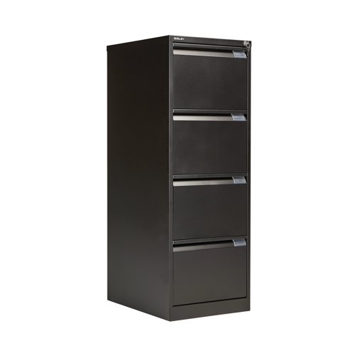 For the security of your paperwork and your peace of mind, this Bisley Black 4 Drawer Filing Cabinet has an anti-tilting device fitted as standard, and a superior locking facility located on the top of the frame. Each drawer has full extension to allow you access to the entire contents quickly and easily, and gives you 20 percent more capacity that standard extension. When closed, this cabinet is flush fronted for simple, convenient placing around your home or office.