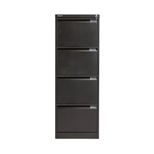 For the security of your paperwork and your peace of mind, this Bisley Black 4 Drawer Filing Cabinet has an anti-tilting device fitted as standard, and a superior locking facility located on the top of the frame. Each drawer has full extension to allow you access to the entire contents quickly and easily, and gives you 20 percent more capacity that standard extension. When closed, this cabinet is flush fronted for simple, convenient placing around your home or office.