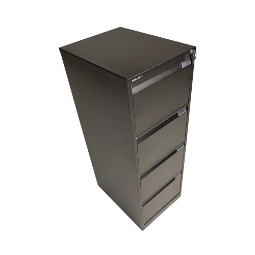 For the security of your paperwork and your peace of mind, this Bisley Black 4 Drawer Filing Cabinet has an anti-tilting device fitted as standard, and a superior locking facility located on the top of the frame. Each drawer has full extension to allow you access to the entire contents quickly and easily, and gives you 20 percent more capacity that standard extension. When closed, this cabinet is flush fronted for simple, convenient placing around your home or office.