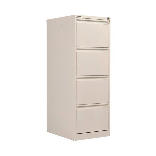 Bisley filing cabinets are built to last and feature a fully-welded construction and double skin drawer fronts. This filing cabinet has four drawers and is lockable. Featuring recess handles, drawer label holders, central locking and an anti-tilt safety device. The cabinets have a 10 year guarantee.