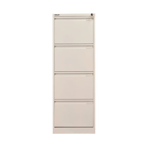 Bisley filing cabinets are built to last and feature a fully-welded construction and double skin drawer fronts. This filing cabinet has four drawers and is lockable. Featuring recess handles, drawer label holders, central locking and an anti-tilt safety device. The cabinets have a 10 year guarantee.