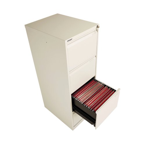 Bisley filing cabinets are built to last and feature a fully-welded construction and double skin drawer fronts. This filing cabinet has four drawers and is lockable. Featuring recess handles, drawer label holders, central locking and an anti-tilt safety device. The cabinets have a 10 year guarantee.