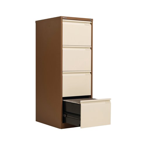 Bisley filing cabinets are built to last and feature a fully-welded construction and double skin drawer fronts. This filing cabinet has four drawers and is lockable. Featuring recess handles, drawer label holders, central locking and an anti-tilt safety device. The cabinets have a 10 year guarantee.