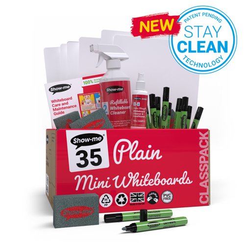 Show-me StayClean A4 Whiteboards Plain/Plain (35 boards pens and erasers + Free cleaners) C/SMB