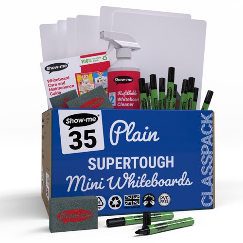 Show-me SUPERTOUGH A4 Whiteboards Plain/Plain Classpack (35 boards pens and erasers + Free cleaners)