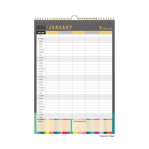 CD10392 | Great for keeping track of family plans, with five columns to enter the details for each persons appointments, birthdays, fixtures and reminders. This colourful A3 calendar shows a month per page, showing international holidays. Wirebound with a hanging hook.