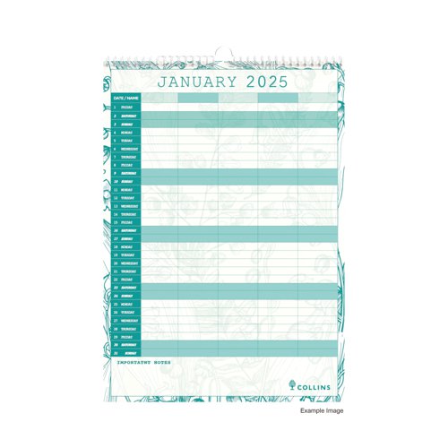 Great for keeping track of family plans, with five columns to enter the details for each persons appointments, birthdays, fixtures and reminders. This pretty, floral design A3 calendar shows a month per page, showing international holidays. Wirebound with a hanging hook.