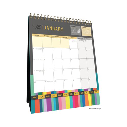 CD10395 | A colourful, month to view desk calendar, a compact design, with ample space to write inside each daily entry panel. Wirebound so pages lay flat. Includes international holidays.