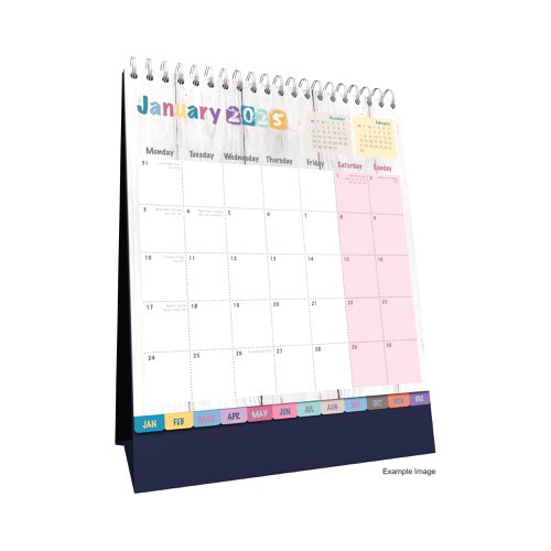 CD10396 | A colourful, wirebound, month to view desk calendar, a compact design, with ample space to write inside each daily entry panel. Wirebound so pages lay flat. Includes international holidays.