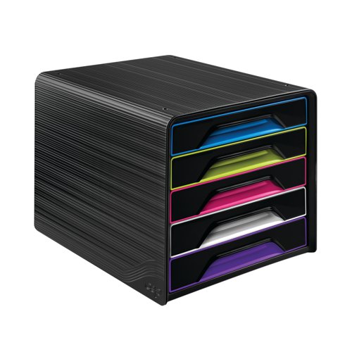 The CEP Smoove 5 drawer module features a textured black surround with multi-coloured drawers. Made from 100% recyclable, shock resistant polystyrene, the module is stackable to create additional filing space. Each drawer is equipped with an ergonomic handle and can accept documents and files up to 240 x 320mm in size. This 5 drawer unit measures W395 x D372 x H298mm.