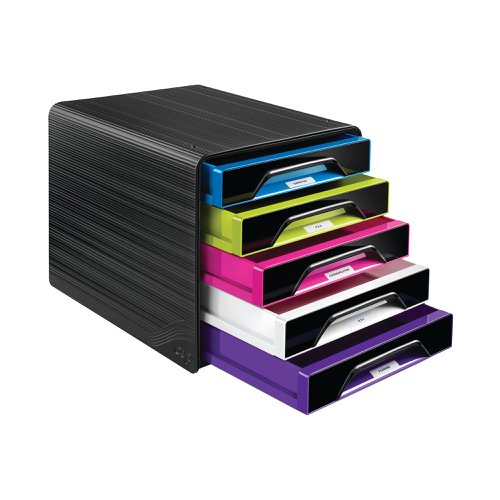 The CEP Smoove 5 drawer module features a textured black surround with multi-coloured drawers. Made from 100% recyclable, shock resistant polystyrene, the module is stackable to create additional filing space. Each drawer is equipped with an ergonomic handle and can accept documents and files up to 240 x 320mm in size. This 5 drawer unit measures W395 x D372 x H298mm.