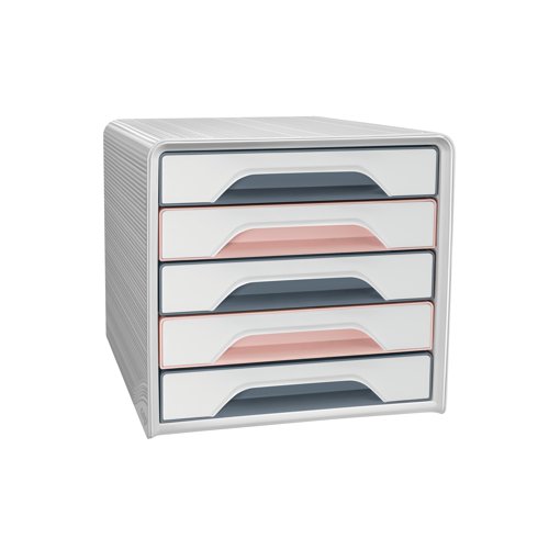 Measuring W288xD360xH270mm, sculpted in one piece, offering an ultra robust body with a textured finish, the Mineral Smoove module features five drawers printed with a beech pattern for a soft and decorative style. The drawers are sized to fit documentation measuring up to 240x320mm with a height of 40mm. Featuring a retaining stop to prevent drawers from sliding out, the smooth sliding drawers are equipped with ergonomic handles and a base access slot for easy retrieval of contents. Complete with anti-skid pads and labels, this module is made from 100% recyclable, high-quality plastic. Supplied in pink/grey.