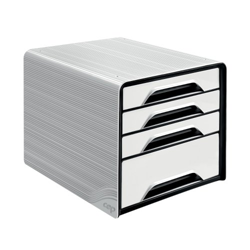 This CEP Smoove 4 Drawer Module features a textured white surround with white drawers. Made from 100% recyclable, shock resistant polystyrene, the module is stackable to create additional filing space. Each drawer is equipped with an ergonomic handle and can accept documents and files up to 240x320mm in size. This 4 drawer unit features 3 slim drawers for documents and 1 larger drawer for stationery or accessories.