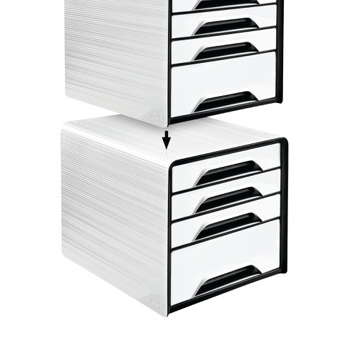 This CEP Smoove 4 Drawer Module features a textured white surround with white drawers. Made from 100% recyclable, shock resistant polystyrene, the module is stackable to create additional filing space. Each drawer is equipped with an ergonomic handle and can accept documents and files up to 240x320mm in size. This 4 drawer unit features 3 slim drawers for documents and 1 larger drawer for stationery or accessories.