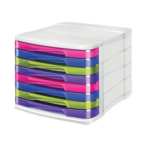 Made from recyclable, shock resistant polystyrene, this brightly coloured CEP drawer module features 8 drawers, which can hold documents up to 240 x 320mm in size. Each drawer has a retaining stop and an access slot for quick filing. Stackable up to 2 high, the drawer module comes with anti-skid, anti-scratch pads. This 8 drawer module measures W292 x D386 x H246mm.