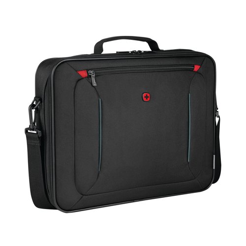 Wenger BQ is a laptop case with myriad organizational features, this is the business kit you need 9 to 5. Pared back on the exterior, yet intricate and systematic inside, the BQ 16 inch Laptop Case is a hard-working mobile office. The essentials organizer keeps power cords, chargers and business cards sorted. A smart_x0002_thinking slip pocket secures papers, and the pass-through trolley strap slides over wheeled luggage handles for easy portability.