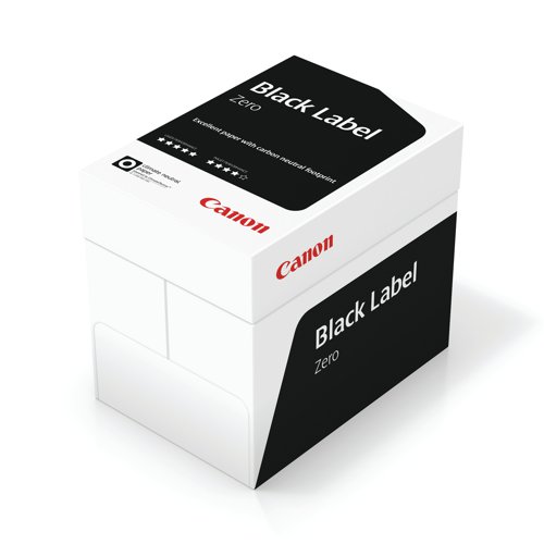 Canon Black Label Zero quality 75gsm A4 white paper is produced carbon neutrally. Suitable for laser, toner and inkjet printers. Made using the most modern filler and fibre technology. Produced carbon neutrally by using energy from the mills own pulp making process. Supplied in a box of 5 reams/500 sheets per ream.