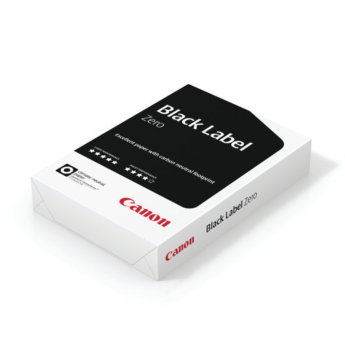 Canon Black Label Zero quality 75gsm A4 white paper is produced carbon neutrally. Suitable for laser, toner and inkjet printers. Made using the most modern filler and fibre technology. Produced carbon neutrally by using energy from the mills own pulp making process. Supplied in a box of 5 reams/500 sheets per ream.