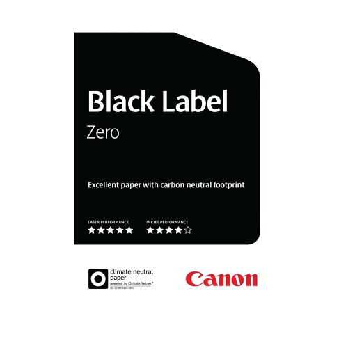 Canon Black Label Zero quality 75gsm A4 white paper is produced carbon neutrally. Suitable for laser, toner and inkjet printers. Made using the most modern filler and fibre technology. Produced carbon neutrally by using energy from the mills own pulp making process. Supplied in a box of 5 reams/500 sheets per ream.