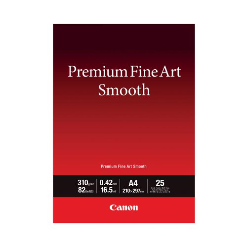 Perfect for use by professionals and advanced amateur photographers, Canon Premium Fine Art paper is designed to work with Canon professional inkjet printers to produce deep, rich blacks and an expanded colour gamut. The smooth texture, cotton matte finish and 310gsm weight help to achieve great colour reproduction and image longevity. This pack contains 25 A4 sheets.