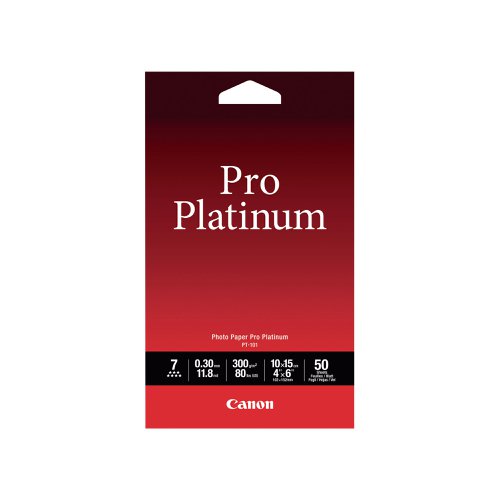 This Canon Pro Platinum photo paper provides a professional studio finish with wide colour reproduction and fade resistance for high quality prints. This 300gsm paper has a smooth, high gloss finish with a microporous coating for fast ink absorption and quick drying photo prints. This pack contains 50 sheets of paper measuring 4 x 6 inches (101 x 152mm).