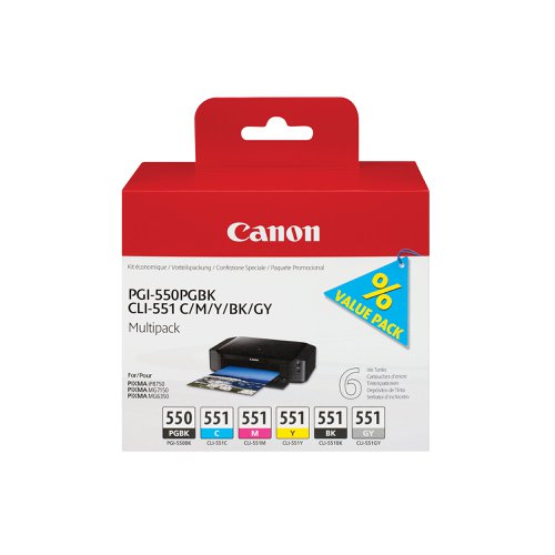 Canon PGI-550/CLI-551 Inkjet Cartridge Multipack PGBK/C /M /Y /BK/G 6496B005