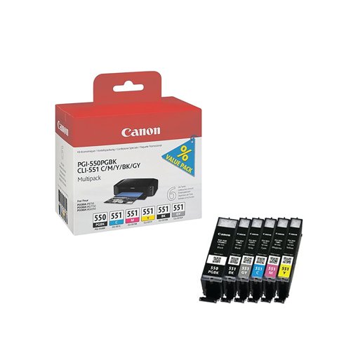 Canon PGI-550/CLI-551 Inkjet Cartridge Multipack PGBK/C /M /Y /BK/G 6496B005