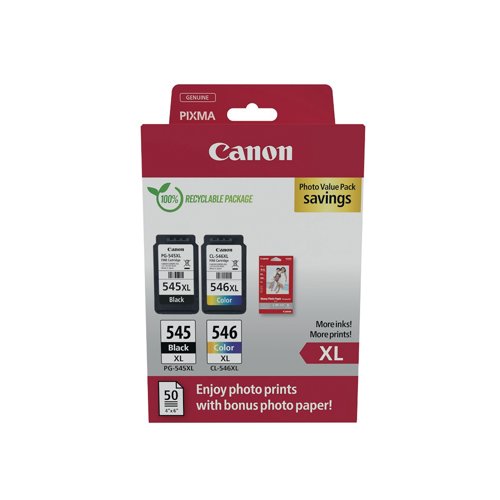 Canon PG-545XL/CL-546XL Ink Cartridges High Yield + Photo Paper Value Pack 8286B006