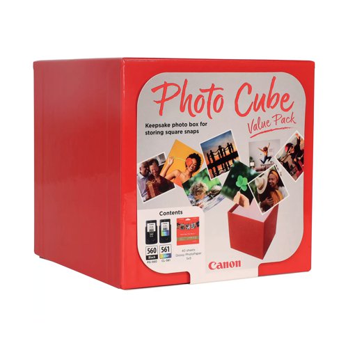 CO67636 | The Photo Cube is a great way to keep your photos safe. Small enough to store around your home, it is a perfect way to store your most precious photos or give to friends and family as a gift. The red box measures 140 x 140 x 140mm (approximate), allowing for plenty of space to store printed images. Square photo printing is popular among young people and families, as the social media friendly format allows for more creative printing. This pack is perfect for social media printing, coming with Genuine Canon PG-560 Black Ink Cartridges, CL-561 C/M/Y Colour Ink Cartridges and 40 5x5 inch sheets of square Photo Paper Plus Glossy II, allowing you to get more creative with your printing.