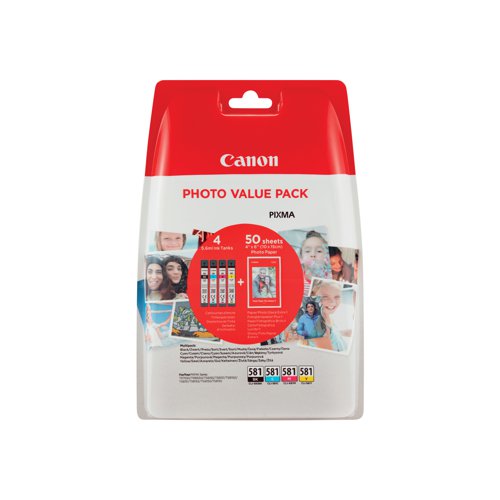 Canon CLI-581 Ink Cartridges CMYK + 4 x 6 in Photo Paper Value Pack 2106C006