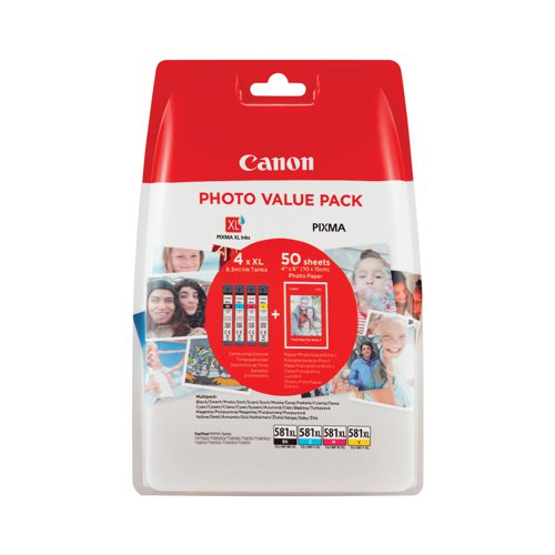 Canon CLI-581XL Inkjet Cartridges + Photo Paper Plus Glossy II Value Pack CMYK 2052C006