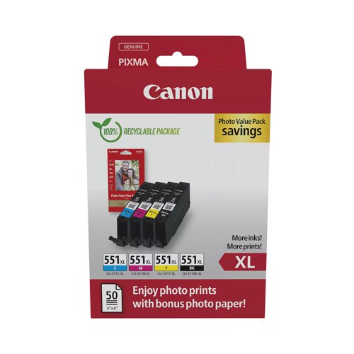 Canon CLI-551XL Ink Cartridges High Yield CMYK + 4 x 6 in Photo Paper Value Pack 6443B008 CO67925