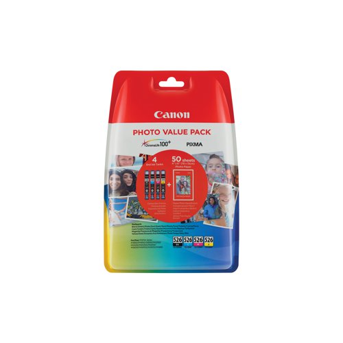 Canon CLI-526 Ink Cartridge + 4 x 6 in Photo Paper Value Pack CMYK 4540B019