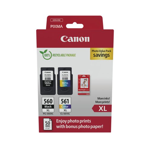 Canon CRG PG-560XL/CL-561XL Inkjet Cartridges + 4x6 Photo Paper 50 Sheets Value Pack K/CMY 3712C008