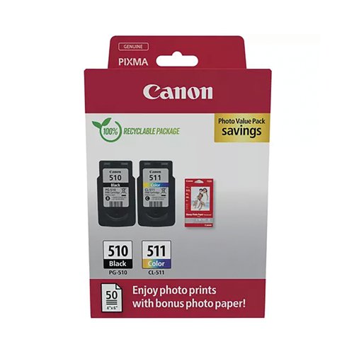 Canon PG-510/CL-511 Ink Cartridges K/CMY + 4 x 6 in Photo Paper Value Pack 2970B017 CO67964